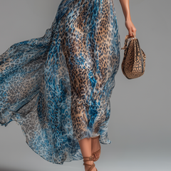 Blue leopard-print chiffon maxi skirt with ruched waist and flutter sleeves
