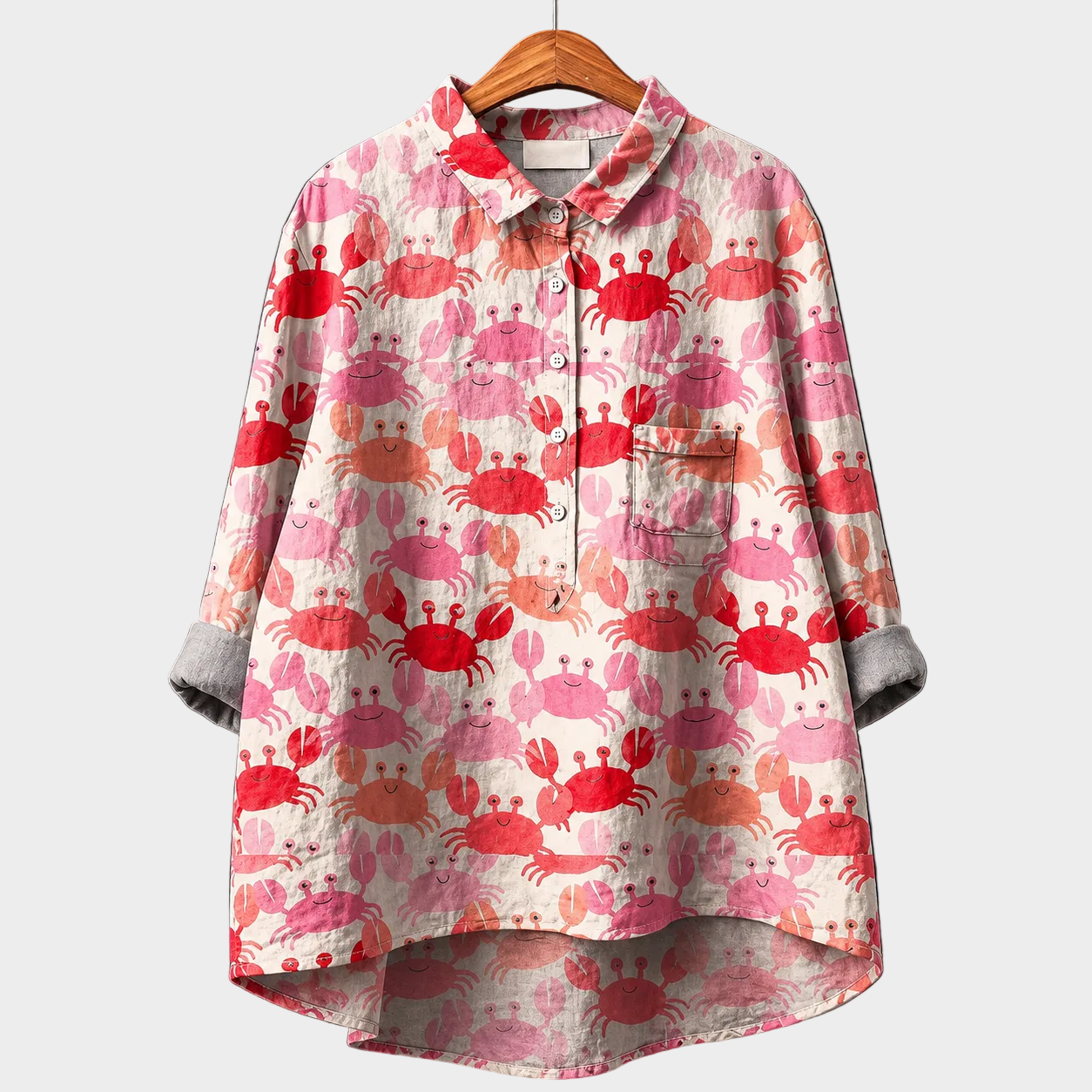 Blusa estiva in tessuto leggero, maniche lunghe, stampa animaletti rosso-rosa