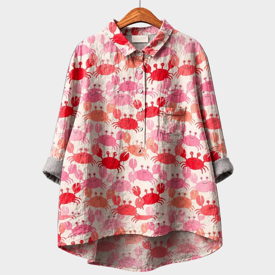 Blusa estiva in tessuto leggero, maniche lunghe, stampa animaletti rosso-rosa