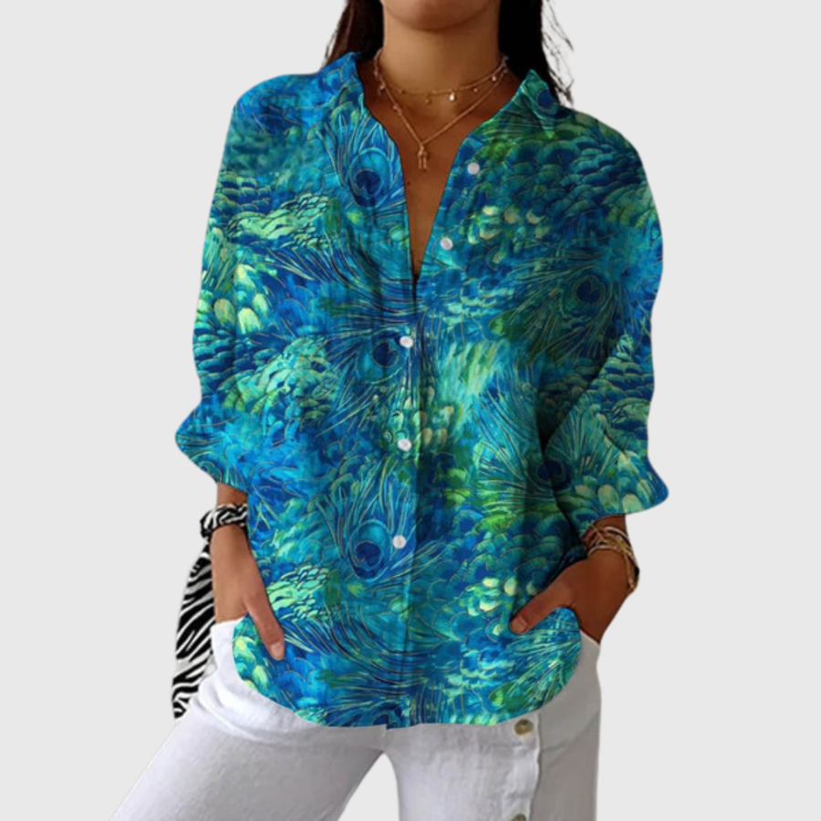 Blusa leggera stampata blu-verde con scollo a V e bottoni, maniche lunghe