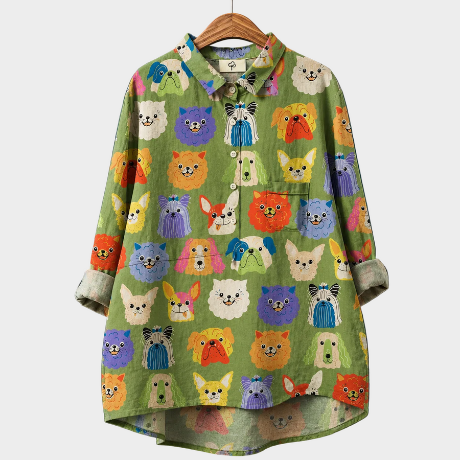 Blusa estiva verde con stampa animali colorati e colletto, maniche lunghe