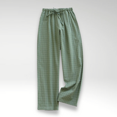 Pantaloni in cotone con coulisse, verde a quadretti, vita elastica, gamba ampia
