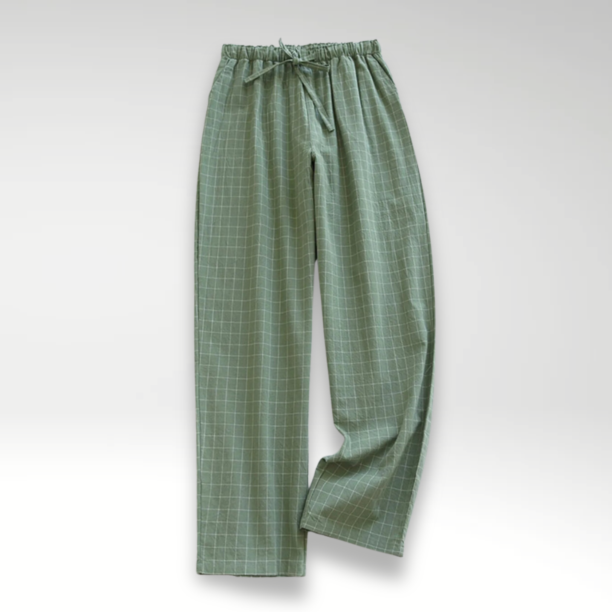 Pantaloni in cotone con coulisse, verde a quadretti, vita elastica, gamba ampia