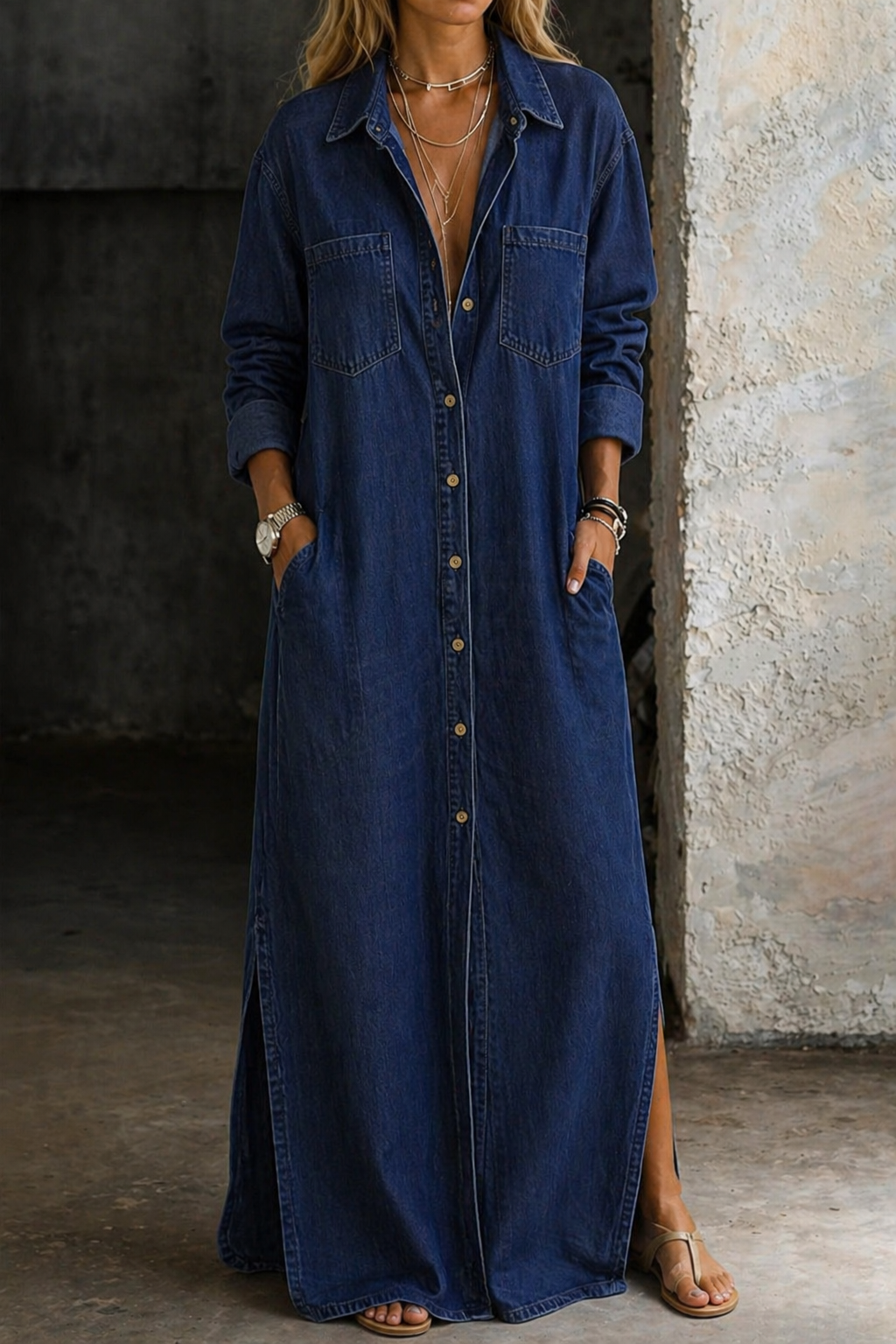 Dark blue denim button-through maxi dress with collar, chest pockets, and front buttons