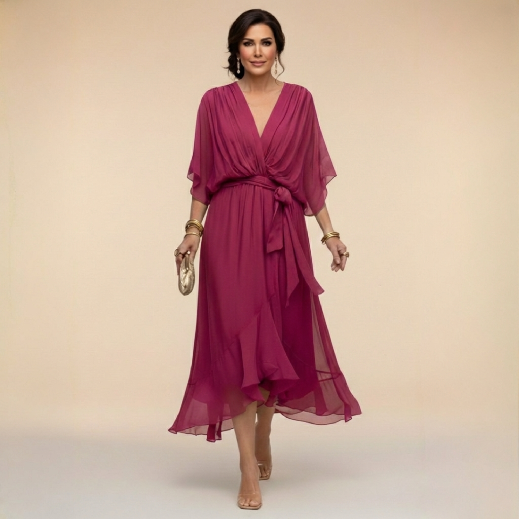 Fuchsia V-neck tie-waist midi dress with draped flutter sleeves and layered chiffon skirt