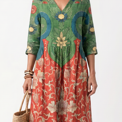 Multicolor V-neck midi dress with green and red leaf pattern, elbow sleeves
