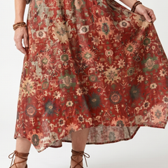 Multicolor floral relaxed midi dress fabric detail with airy swaying skirt and rolled cuffs