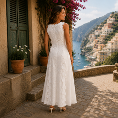 Abito maxi elegante bianco senza maniche con pizzo e ricami floreali, taglio aderente