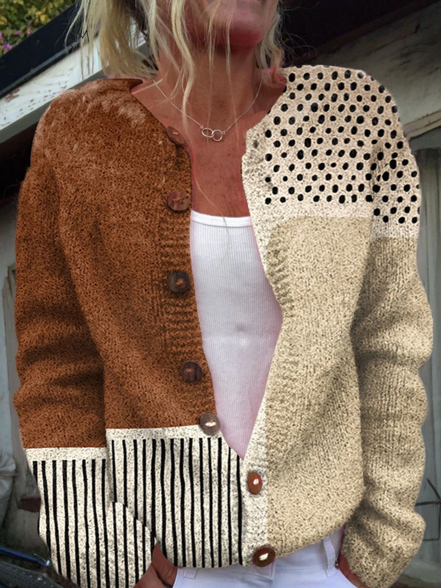 Two-tone vintage knit cardigan sweater with button front, speckled knit panel, striped hem