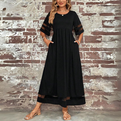 Black midi dress with gathered waist and sheer stripe sleeves and hem panel