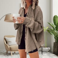 Cozy loose-fit batwing button-down jacket in light khaki, textured knit, front buttons