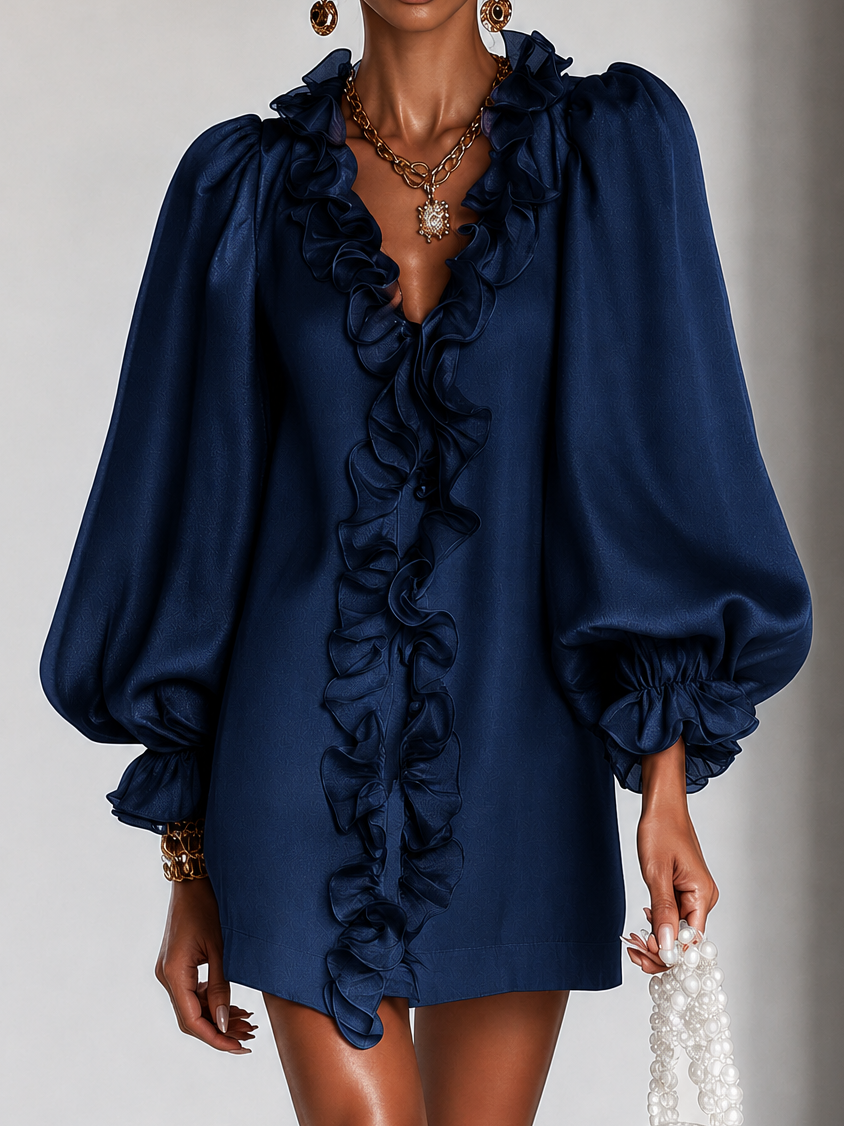 Navy ruffle-sleeve mini dress with layered neckline ruffles and puff sleeves