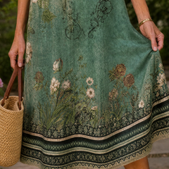 Abito midi floreale Giulia verde: dettagli floreali e fascia decorativa a fondo