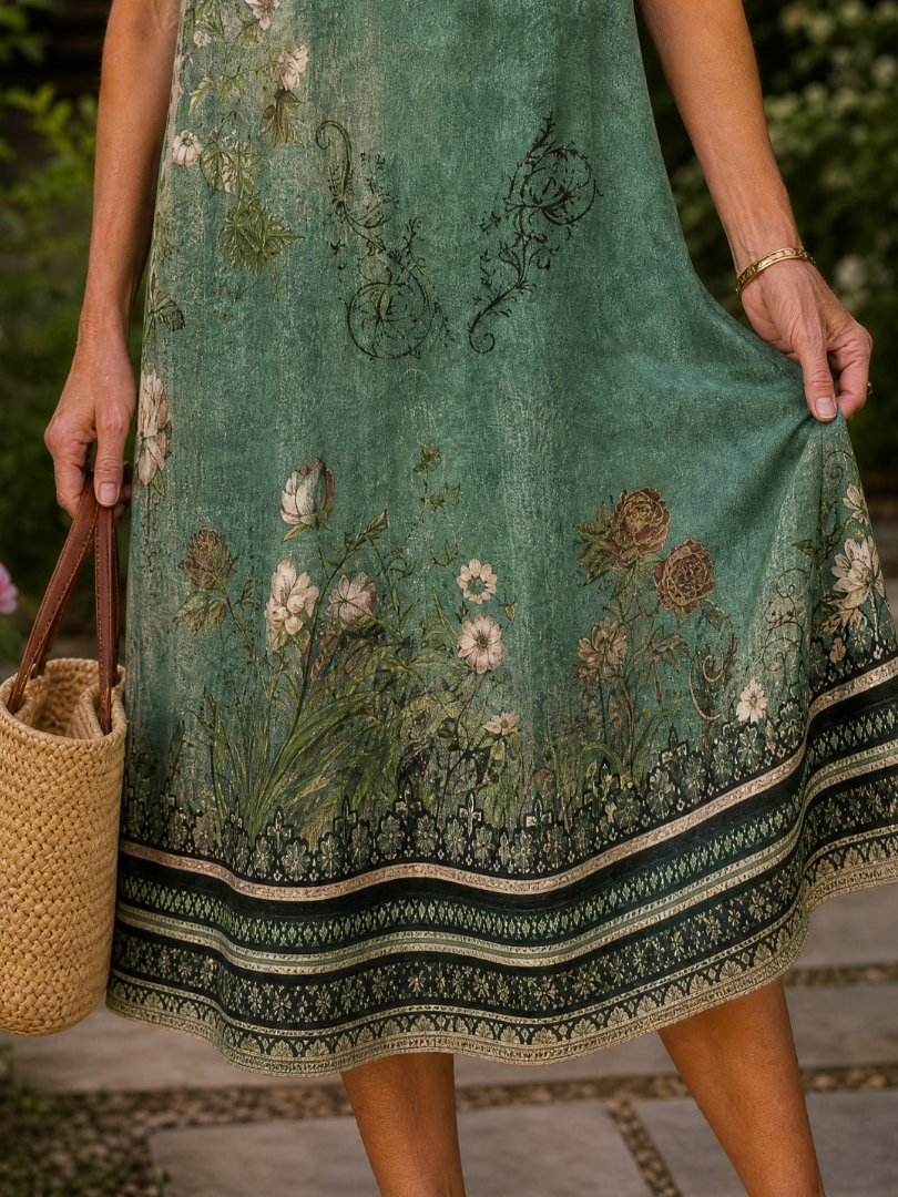 Abito midi floreale Giulia verde: dettagli floreali e fascia decorativa a fondo