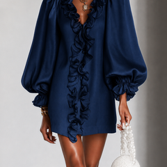 Navy satin ruffle-sleeve mini dress with cascading ruffle front