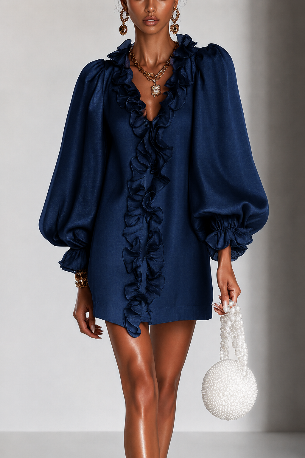 Navy satin ruffle-sleeve mini dress with cascading ruffle front