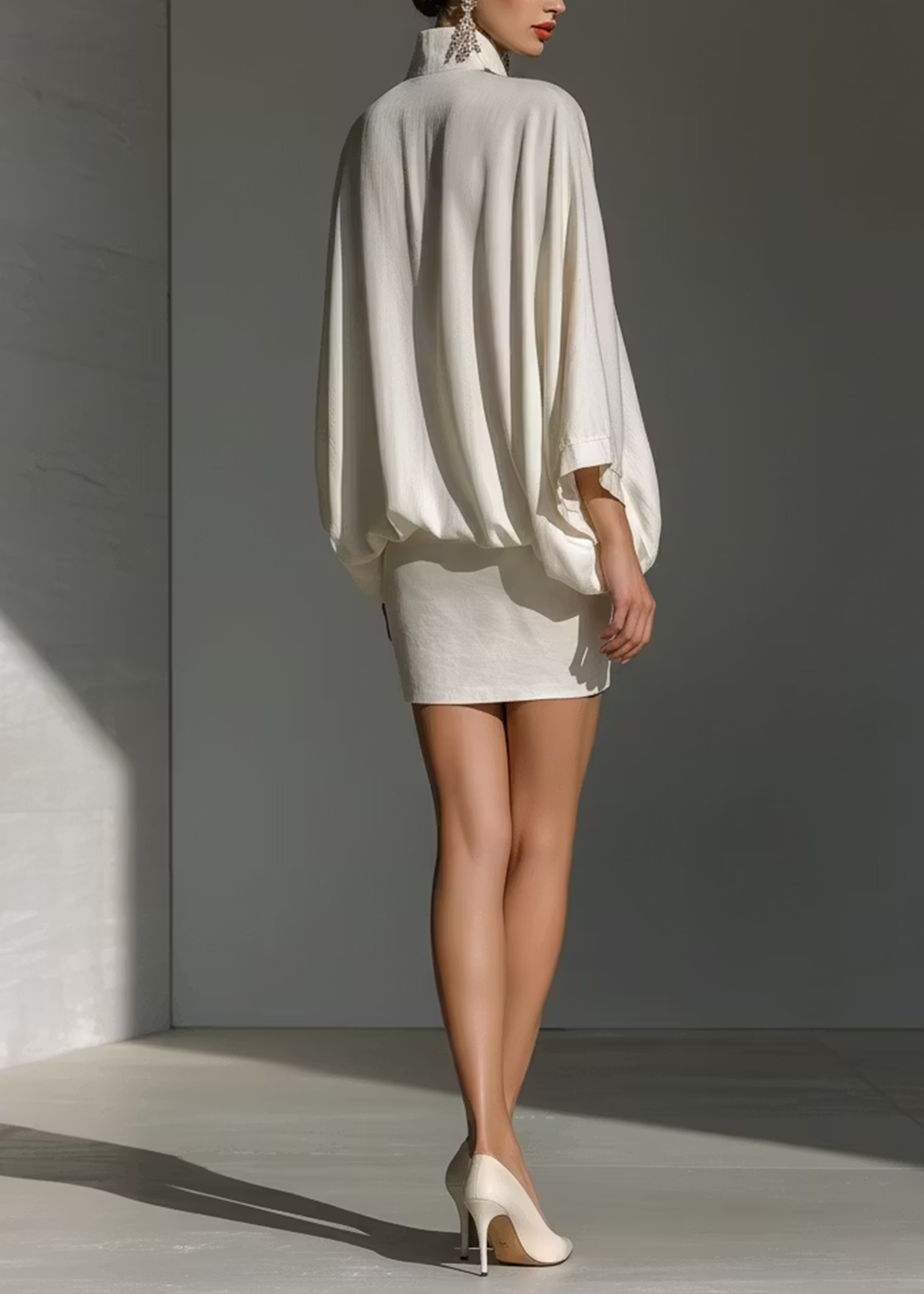 White back of loose V-neck blouse with pleated sleeves and mini skirt
