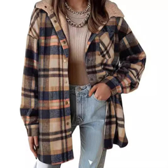 Relaxed-fit hooded plaid jacket in brown and black with button front pockets
