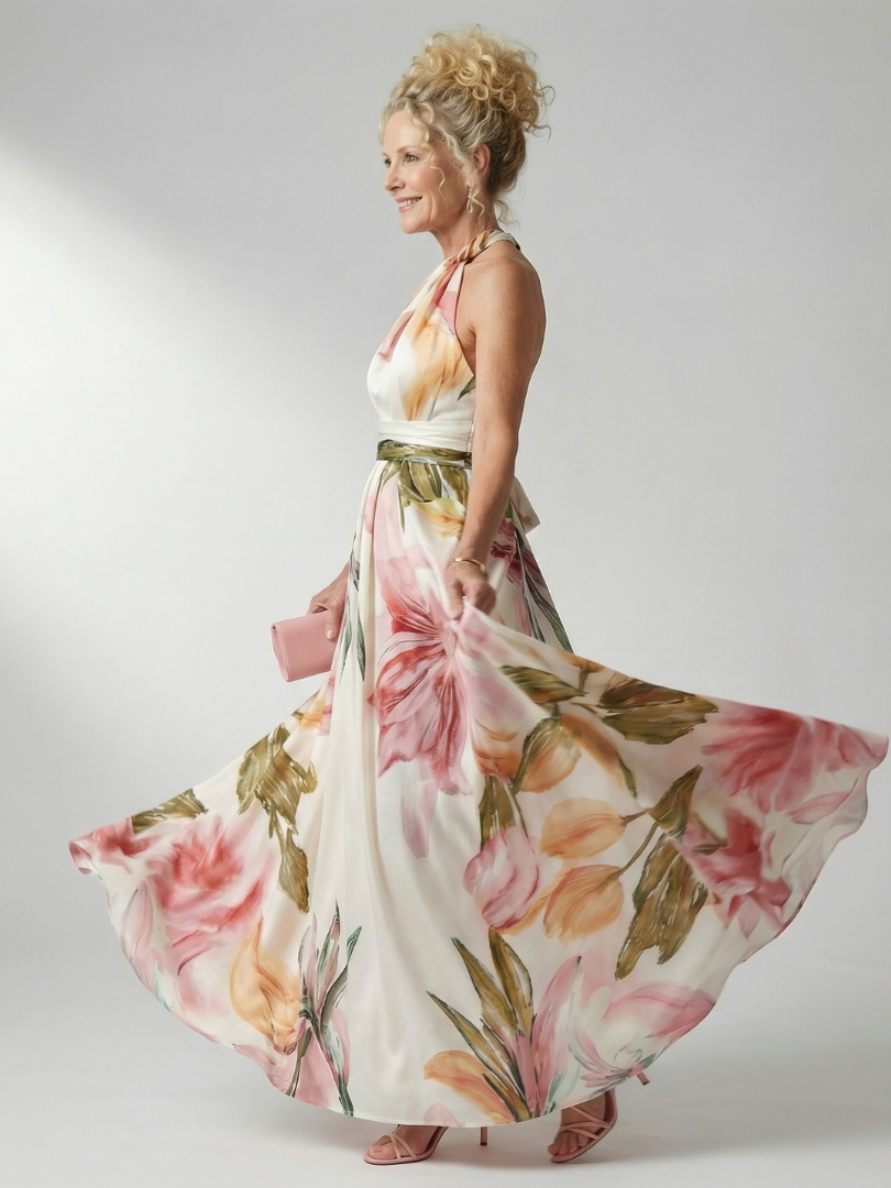 Floral halter maxi dress with sweeping skirt; white base with pink and green leaf pattern