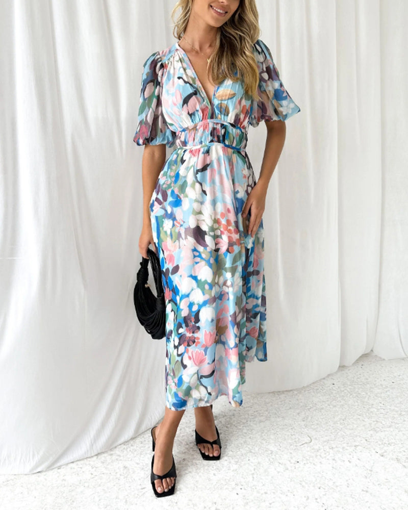 Abito femminile floreale multicolore con scollo a V e cintura in vita, maniche a balze