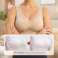 Nude seamless lace support bra with molded cups and lace-trim edges
