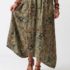 Green embroidered button-front midi dress close-up with round buttons and chest detailing
