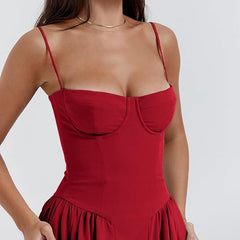 Abito corsetto rosso a spalline sottili, corpetto modellante con cuciture