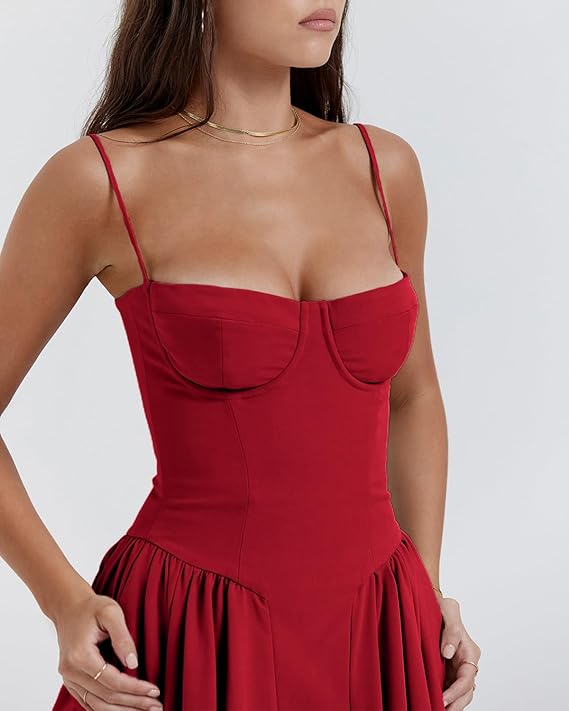 Abito corsetto rosso a spalline sottili, corpetto modellante con cuciture