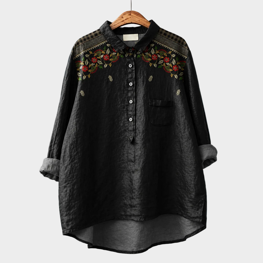 Blusa estiva elegante nera con ricami floreali su colletto e bottoni, maniche lunghe