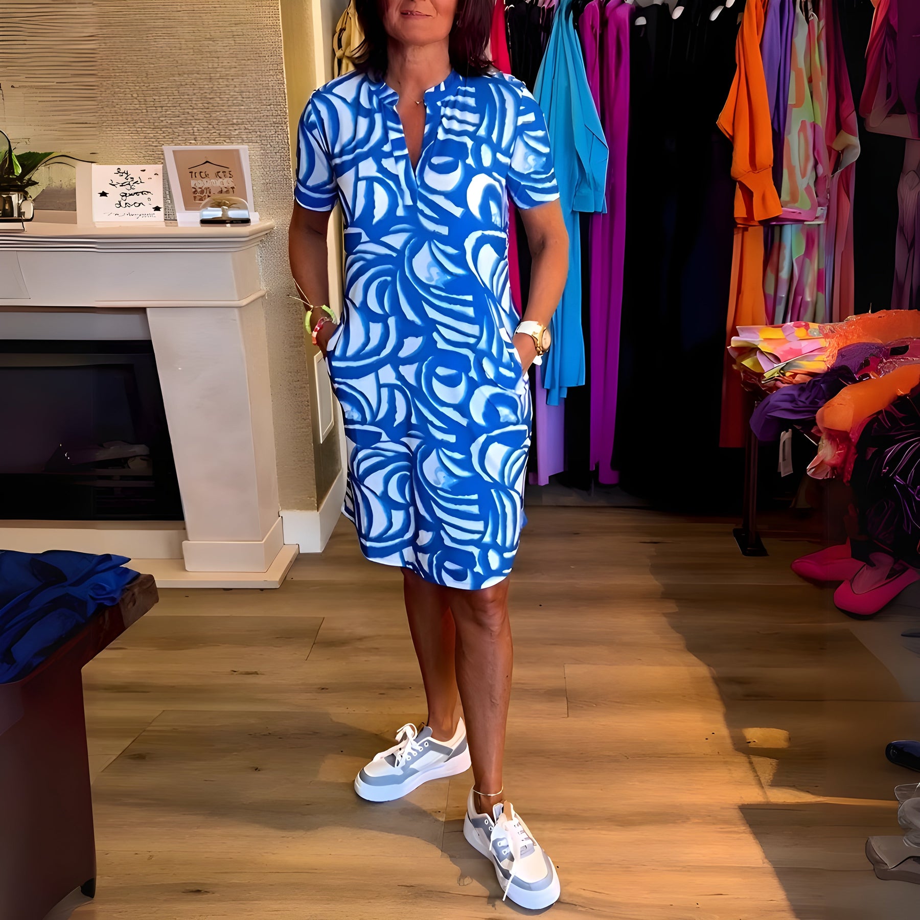Abito con maniche corte blu a motivo bianco, scollo a V