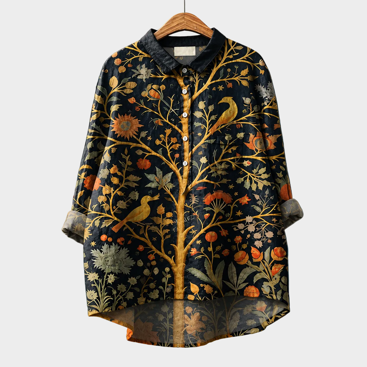 Blusa estiva elegante blu scuro con stampa floreale multicolore, bottoni e colletto