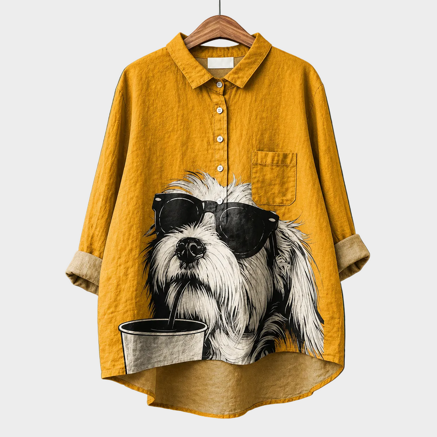Blusa estiva elegante giallo senape, colletto e bottoni, maniche 3/4, stampa cane