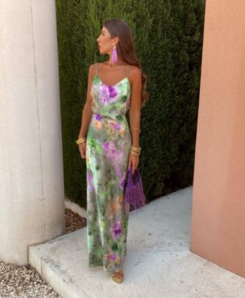 Green floral slip maxi dress with open back, spaghetti straps, floor-length drape