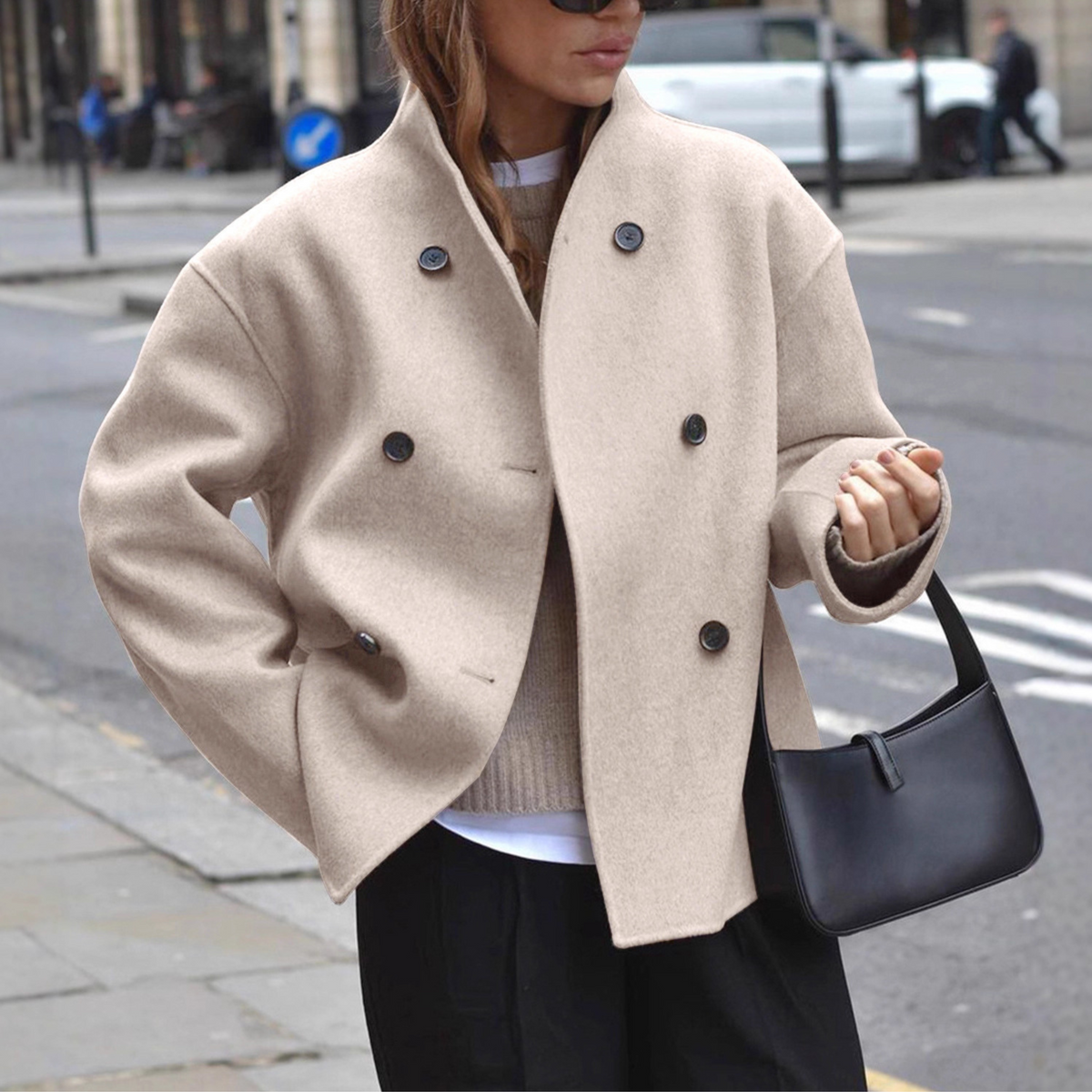 Oat beige long-sleeve stand-collar coat with double-breasted button front