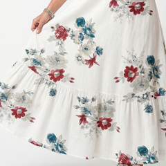 White floral tiered midi dress with gathered hem detail
