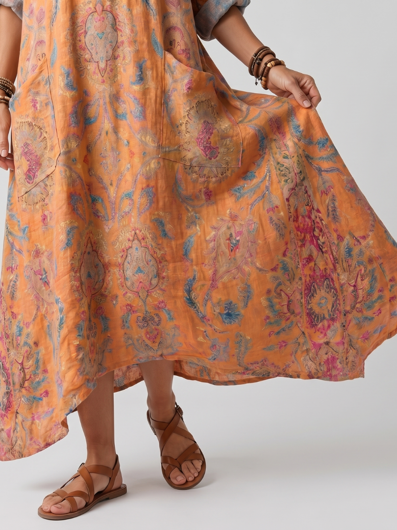 Orange printed midi dress with side pockets and flowing draped hem