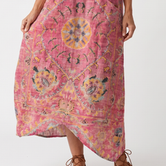 Pink abstract print midi dress with ornate medallion motifs, relaxed fit, pocket detail