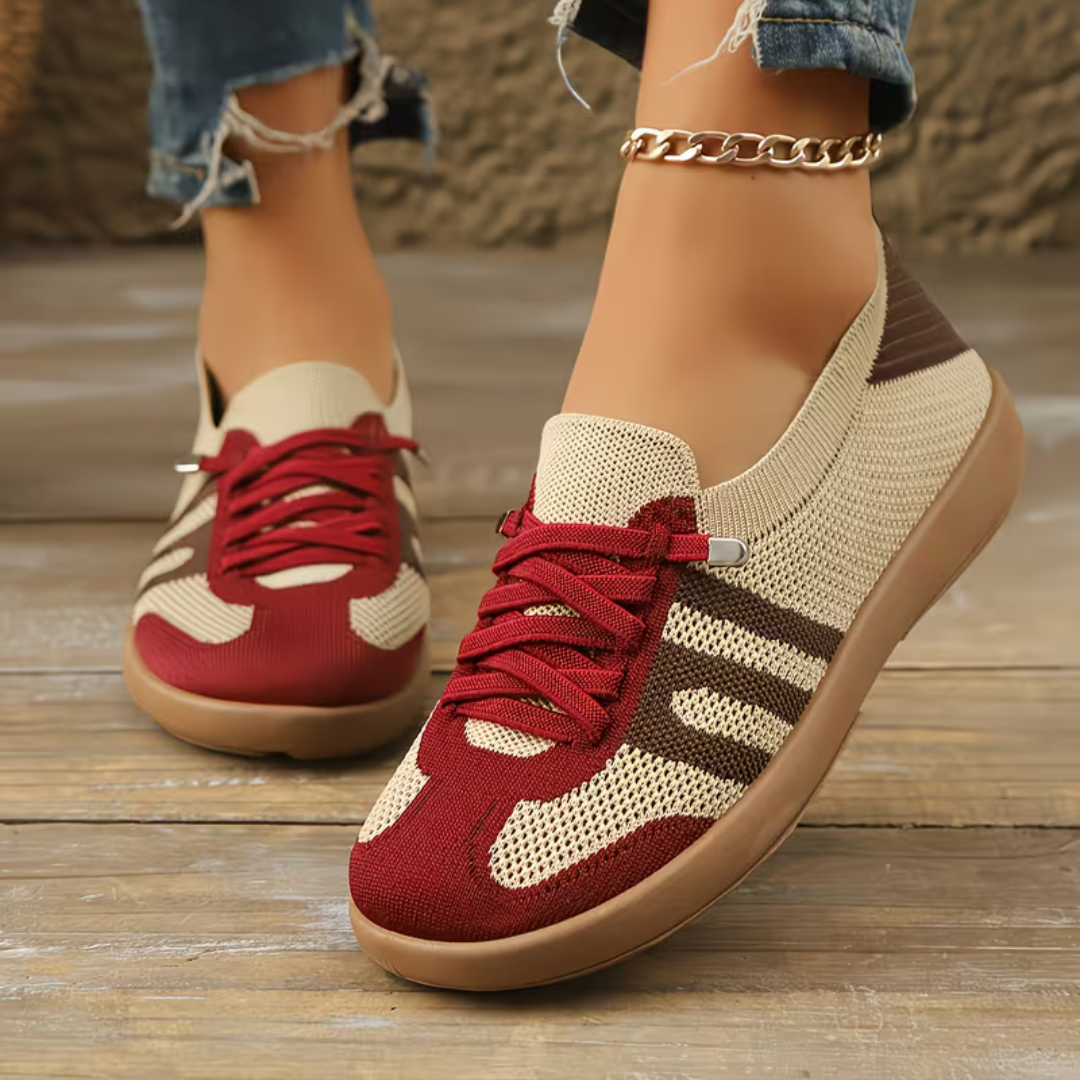 Scarpe comfort ortopediche rosso e beige, lacci rossi, suola marrone