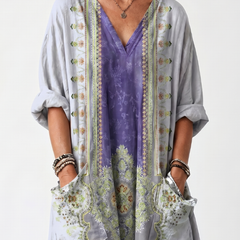 Women's midi dress V-neck with purple center panel, floral embroidered borders, side pockets