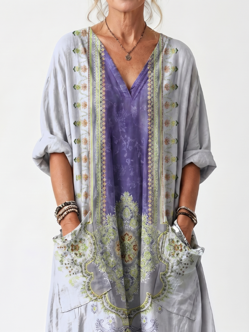 Women's midi dress V-neck with purple center panel, floral embroidered borders, side pockets
