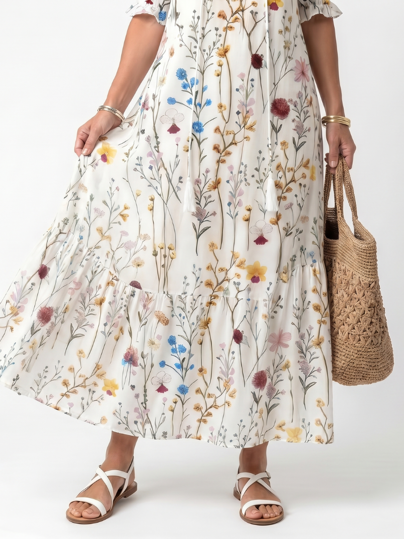 Botanical print midi dress with flowing gathered skirt, multicolor floral stems on white