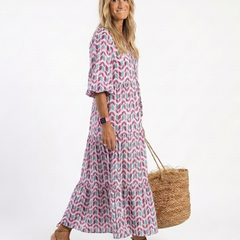 Geometric print tiered midi dress, V-neck, short puff sleeves, lilac-teal pattern