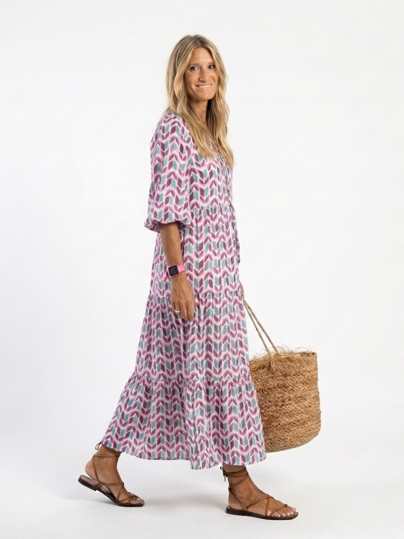 Geometric print tiered midi dress, V-neck, short puff sleeves, lilac-teal pattern