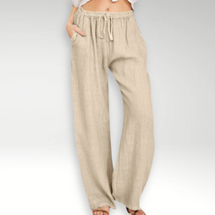 Pantaloni comodi a gamba larga in lino kaki con vita elasticizzata e coulisse