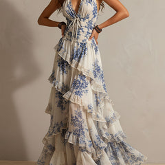 Blue and white floral halter ruffle maxi dress with tie-front waist and tiered ruffles