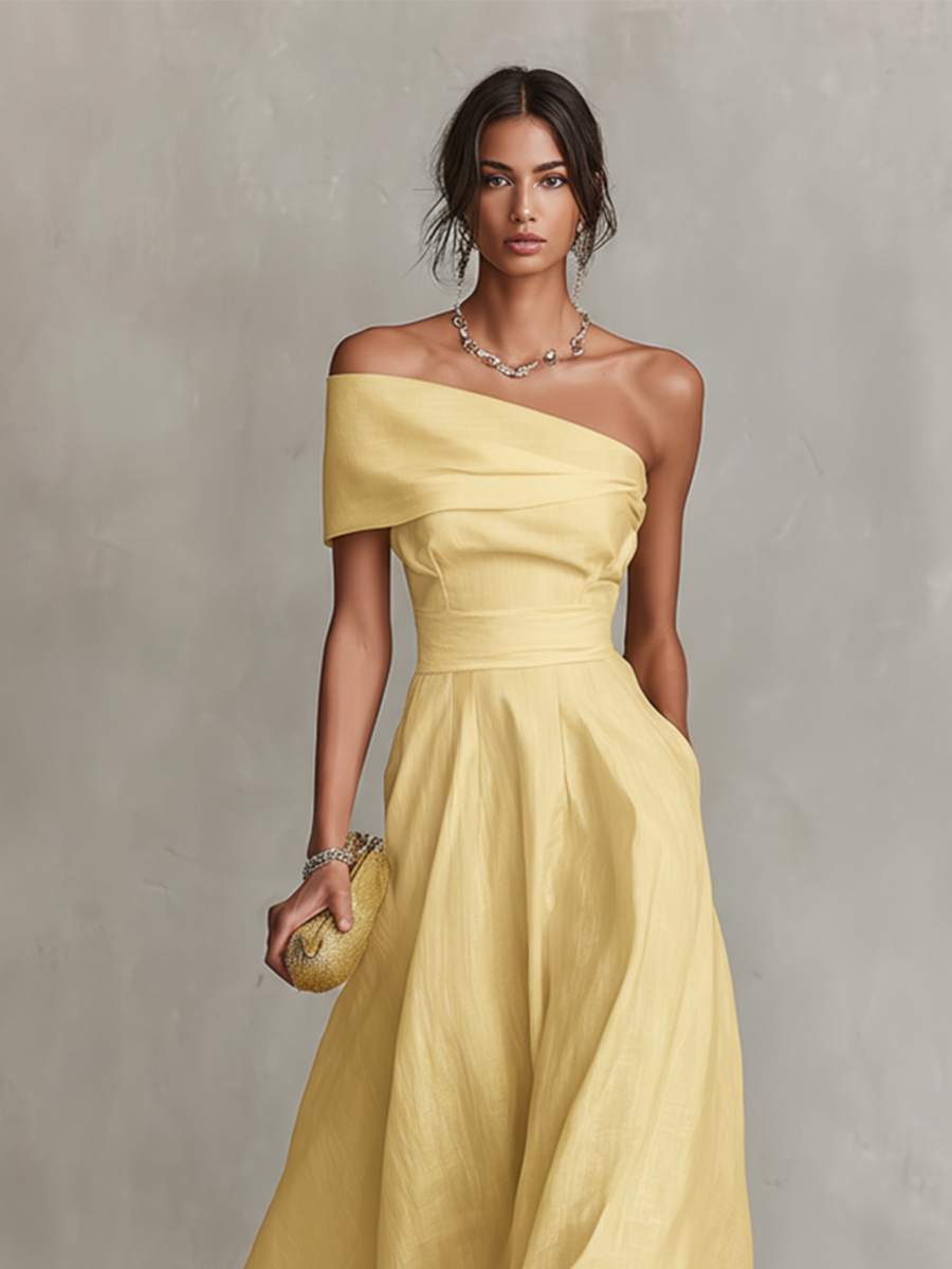 Yellow One-Shoulder Midi Dress