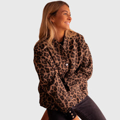 Leopard print button-up jacket with long sleeves and front pockets