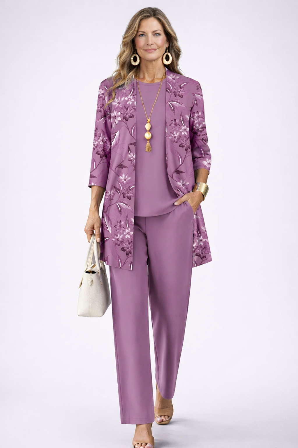 Three-piece trouser set in mauve with floral open jacket and matching slim trousers