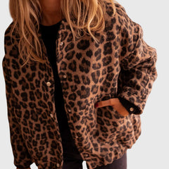 Leopard print jacket with button front and front pockets, long sleeves