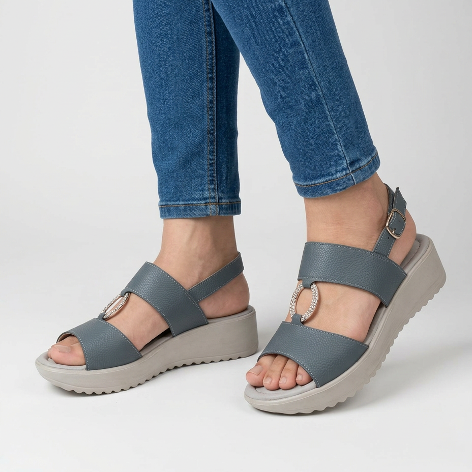 Sandali comodi donna verde-blu, fascia regolabile con fibbia, suola robusta e decorazione ad anello